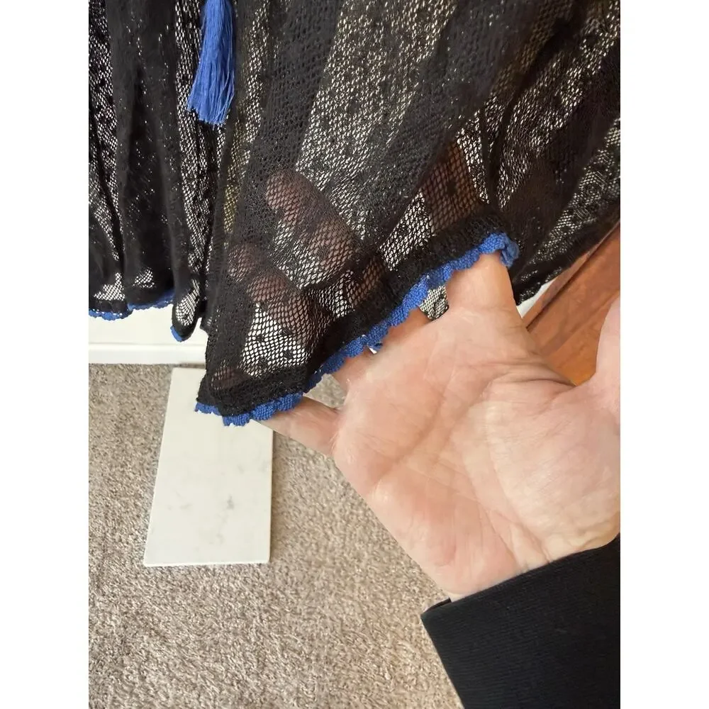 Free People Black Blue Embroidered Tassel Lace Blouse XS Boho Festival Y2K